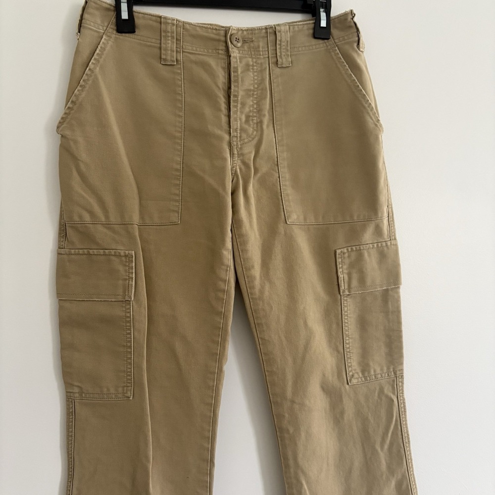 Y2K Vntg Abercrombie Fitch Cargo Flare Pant Womens Tan Cotton Casual Low Rise 4